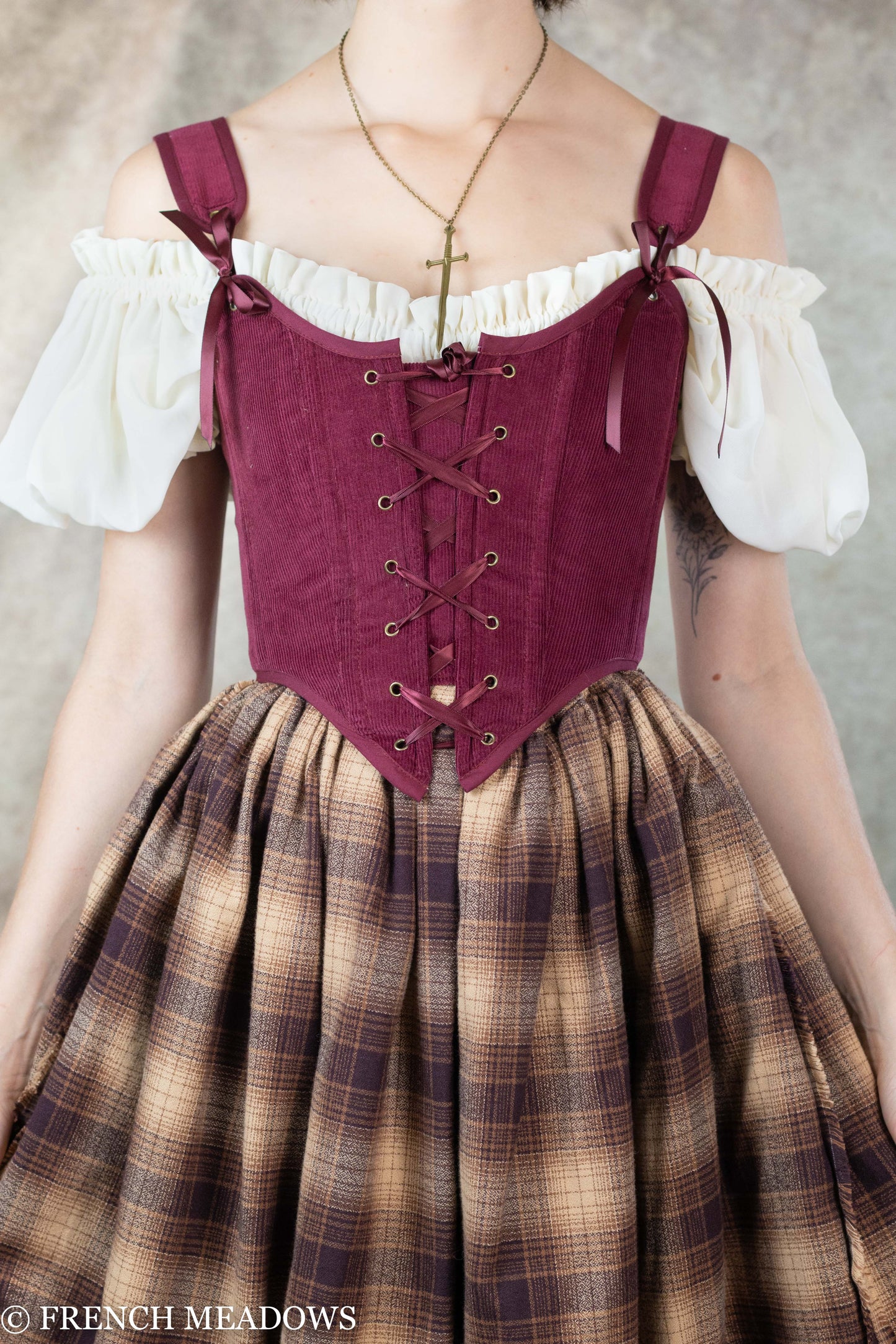 burgundy red maroon renaissance corset in cotton corduroy fabric, custom fit, plus size available