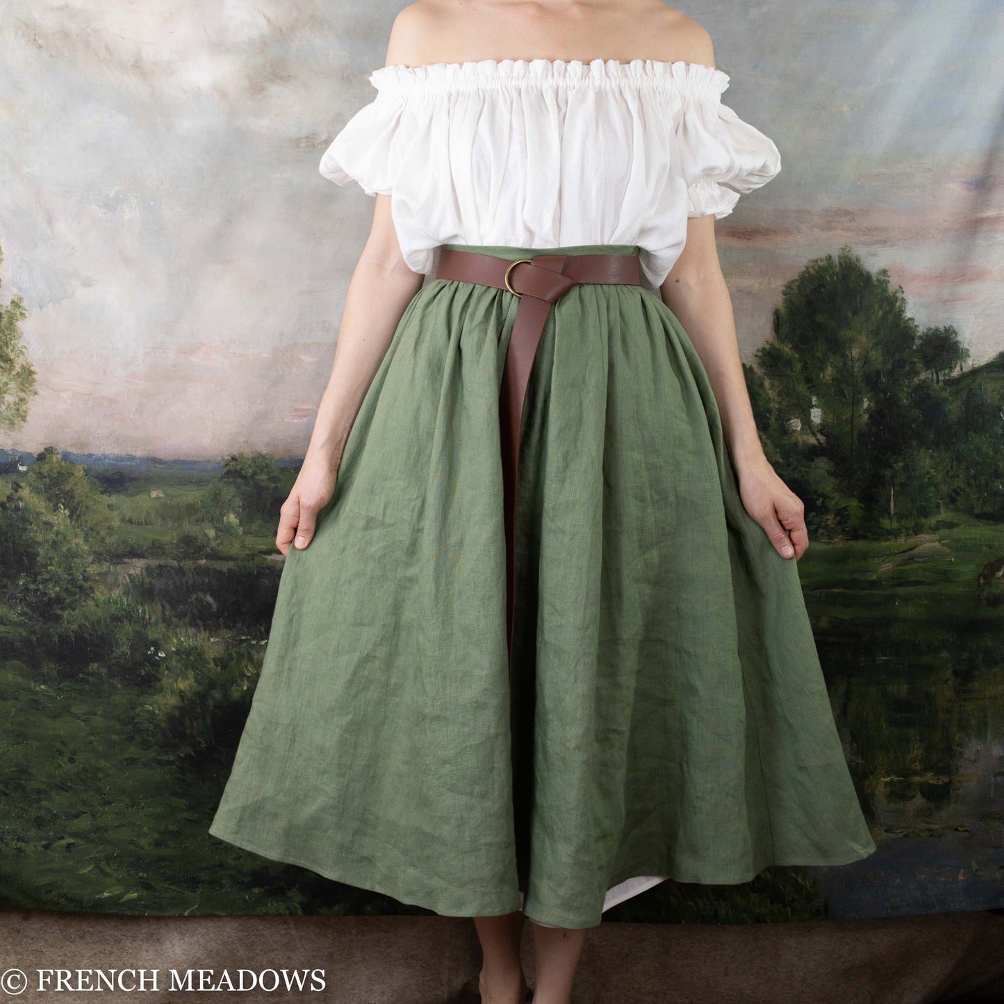 Ivy Green Linen Midi Skirt