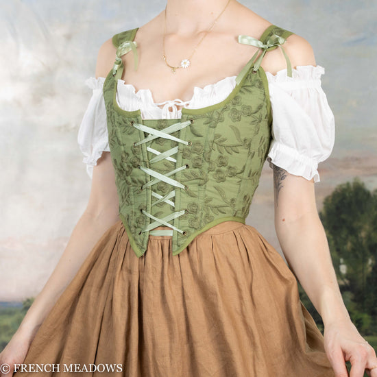 Moss Green Embroidered Floral Renaissance Bodice