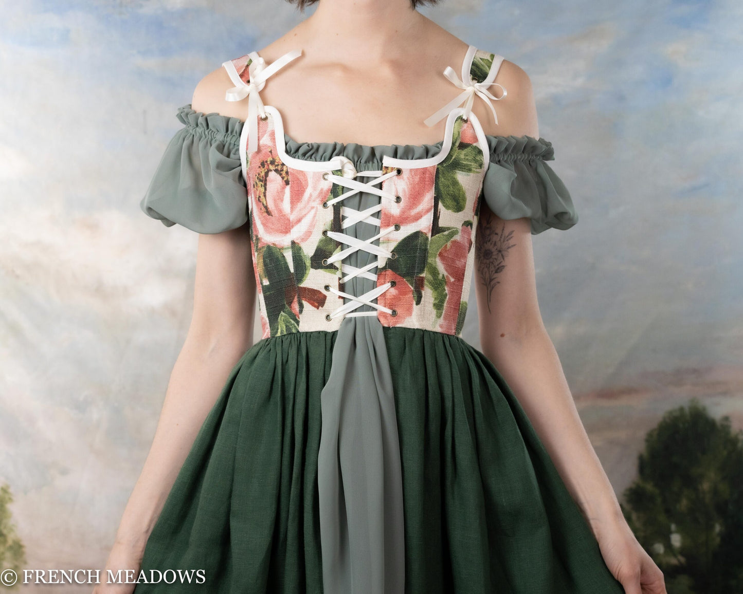 Pink Floral and Green Linen Renaissance Corset Dress