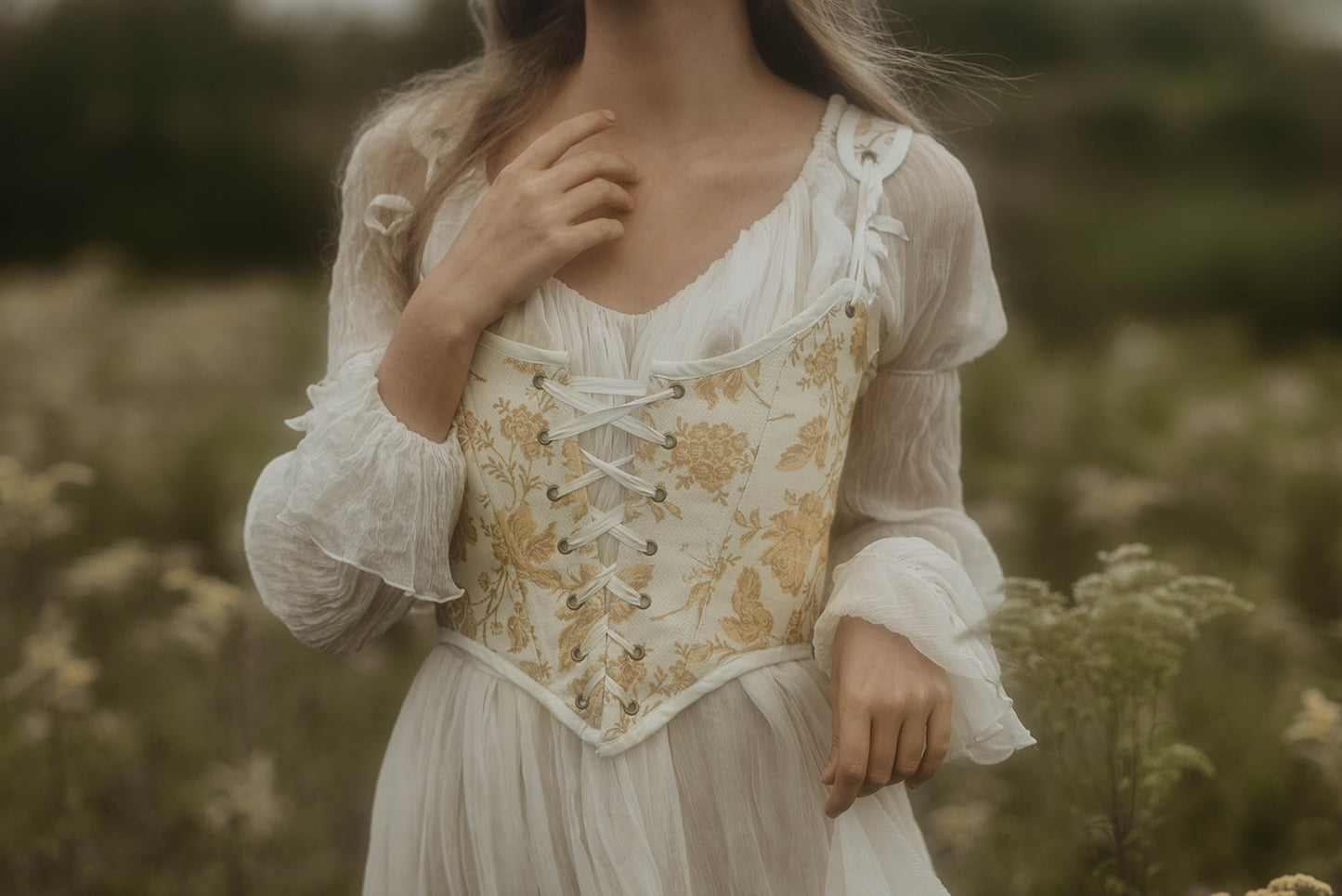Load image into Gallery viewer, READY TO SHIP Yellow and White Floral Renaissance Corset
