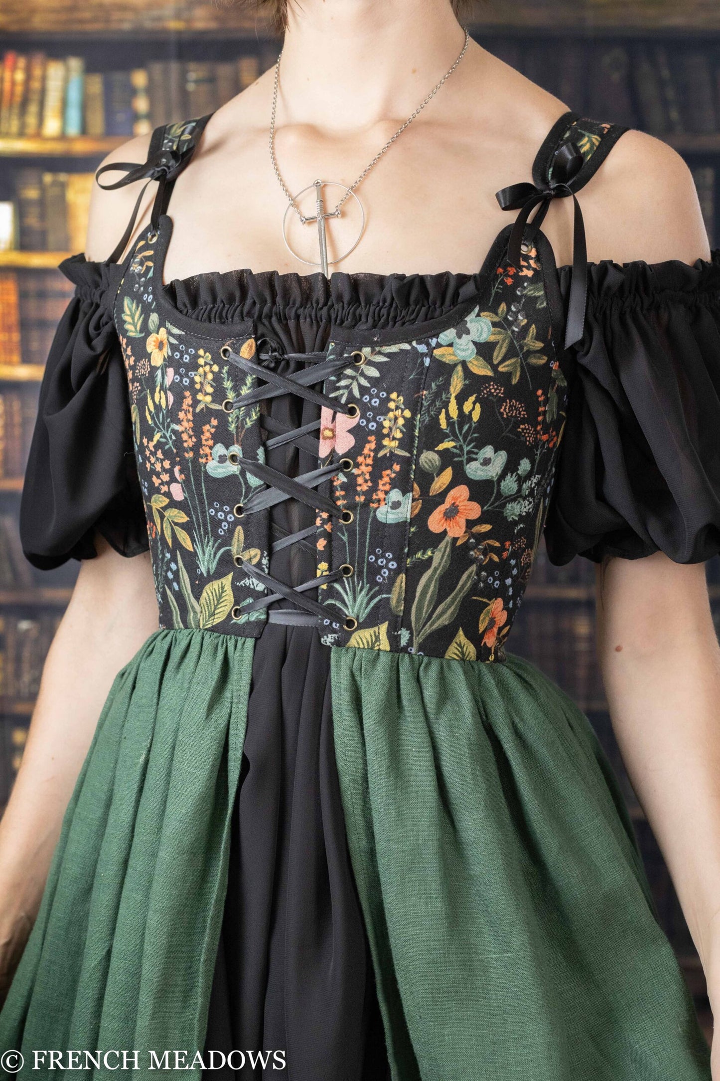 Load image into Gallery viewer, Black Botanical and Green Linen Renaissance Corset Dress
