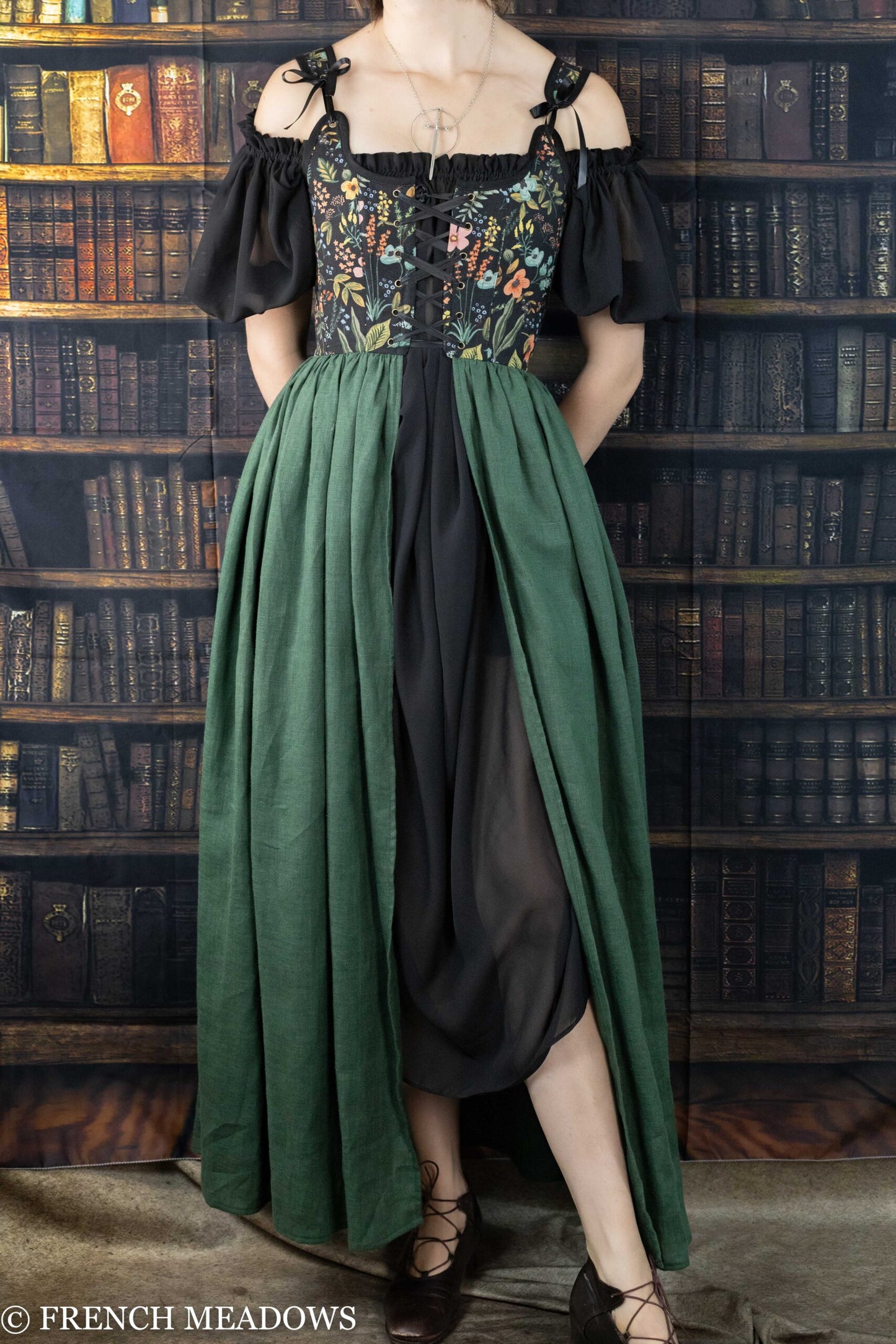 Load image into Gallery viewer, Black Botanical and Green Linen Renaissance Corset Dress
