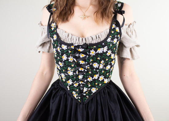 Load image into Gallery viewer, Black Embroidered Daisies Renaissance Bodice
