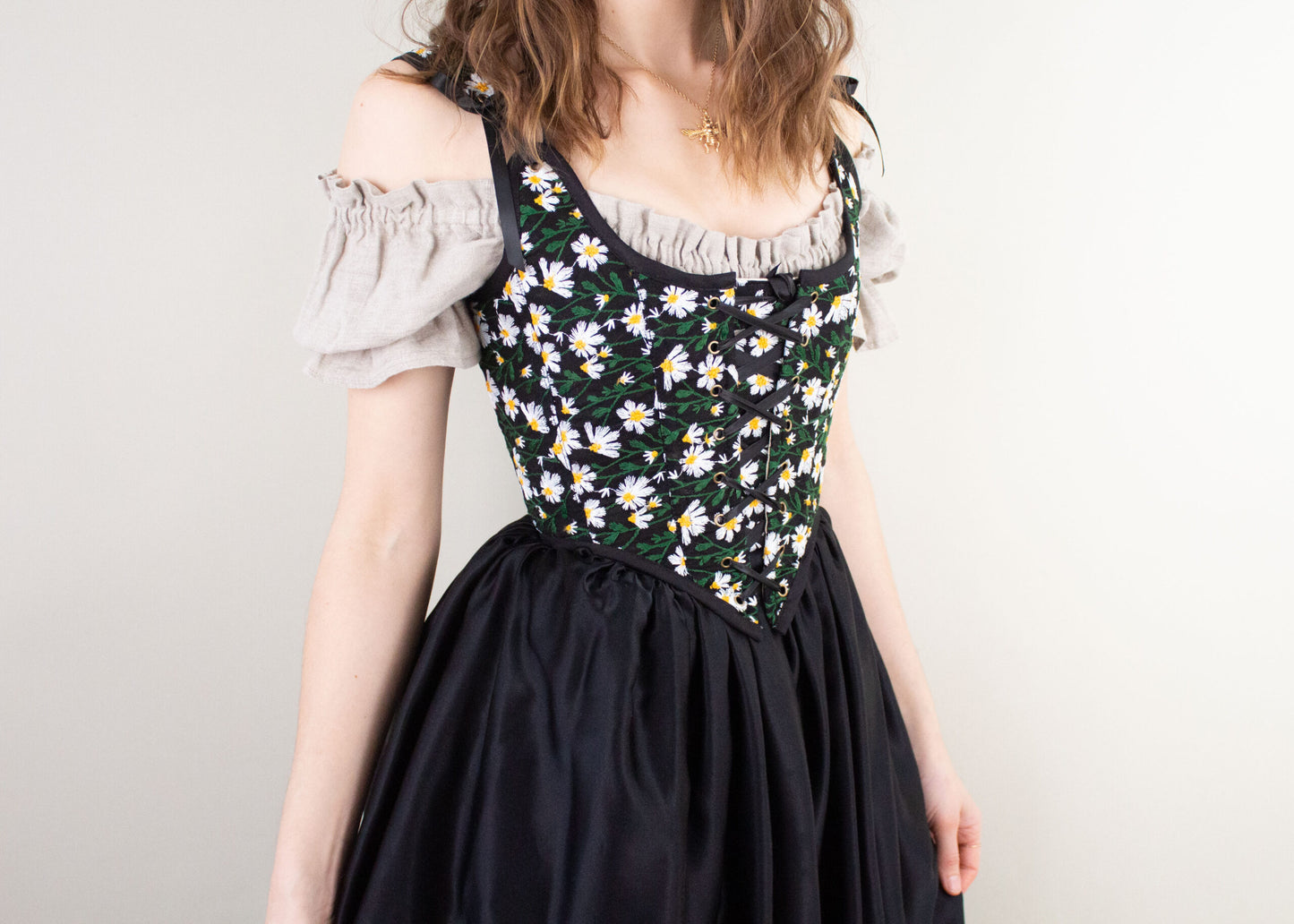 READY TO SHIP Black Embroidered Daisies Renaissance Bodice