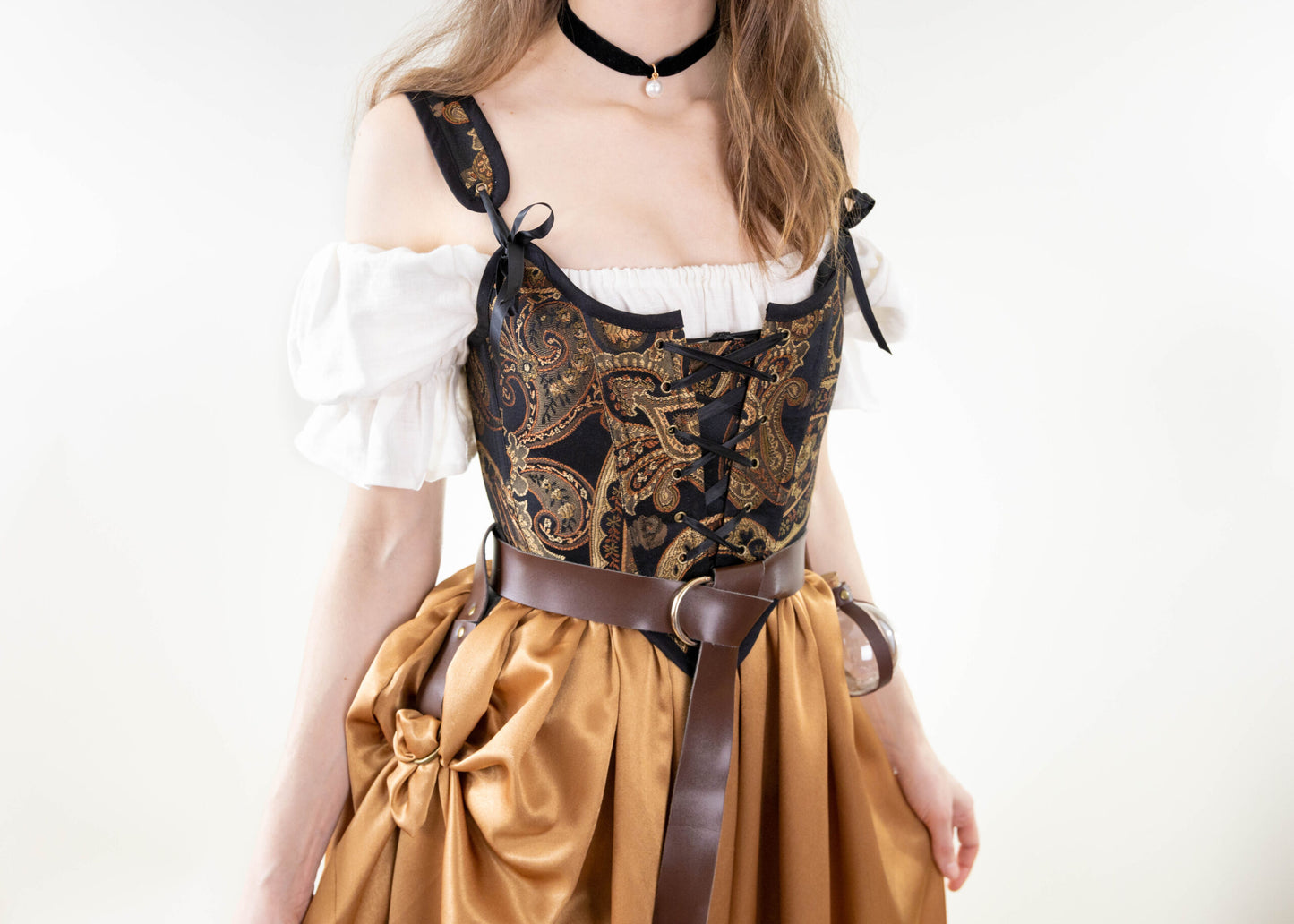 Load image into Gallery viewer, Black and Gold Paisley Renaissance Bodice
