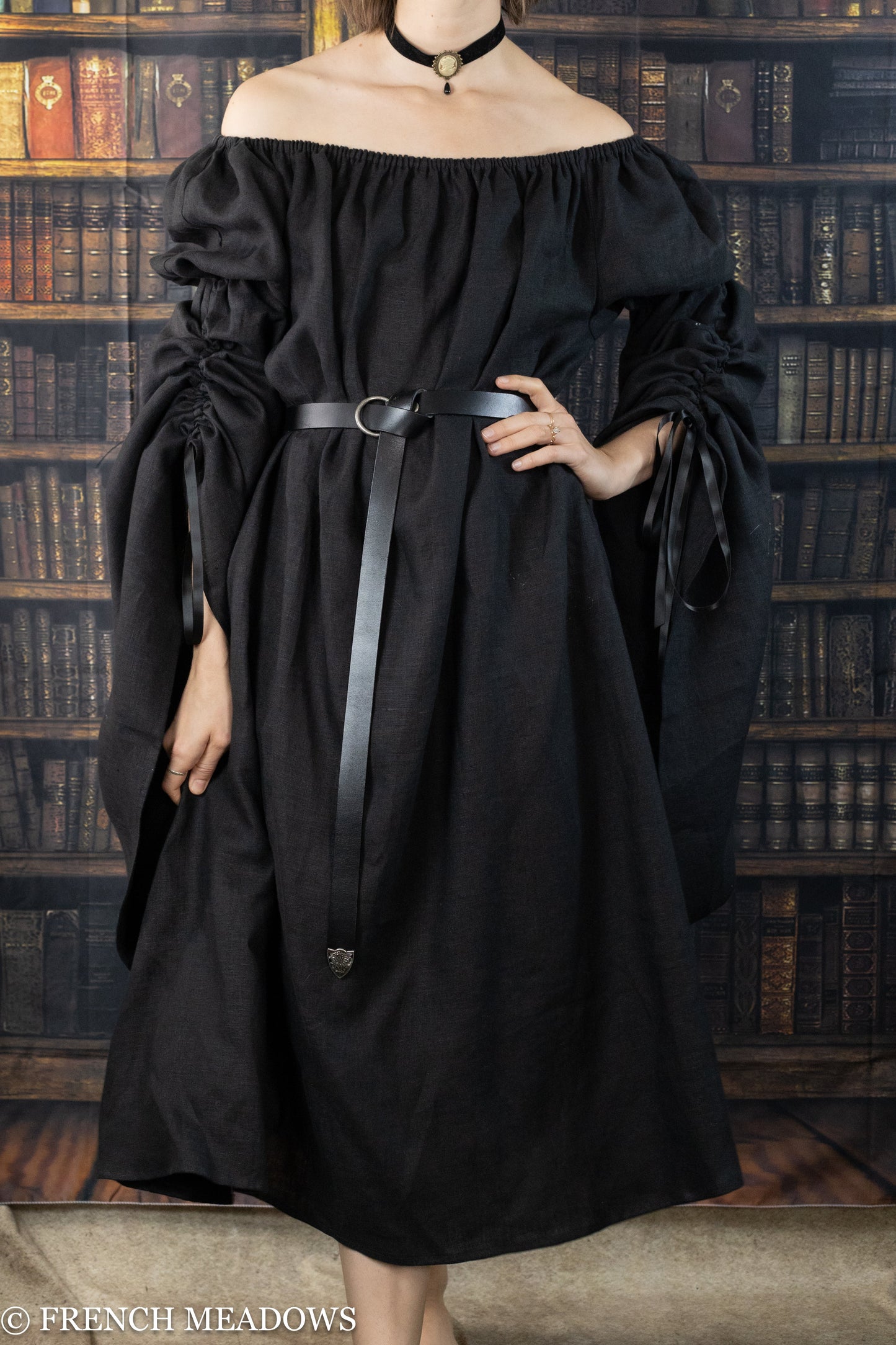 black linen bell sleeve chemise with long dramatic sleeves