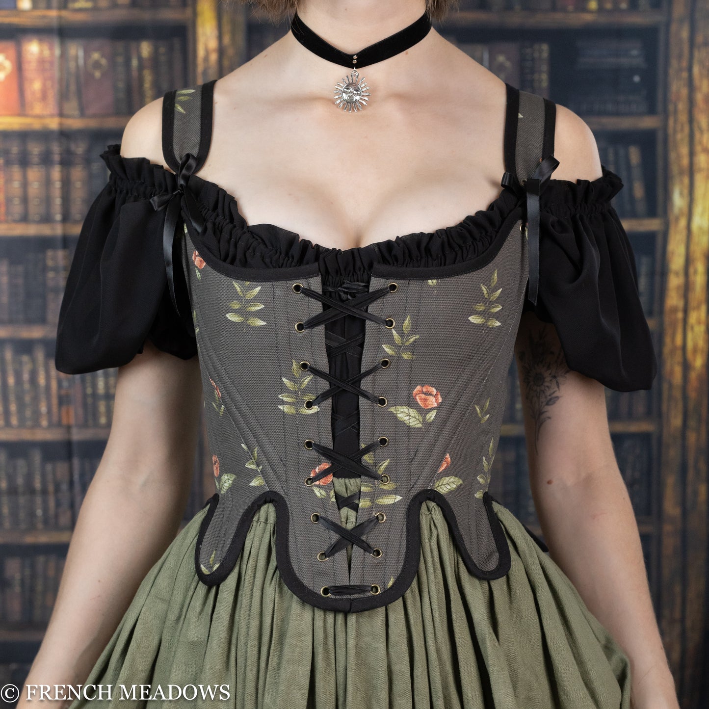 Black Rosey Floral 18th Century Stays