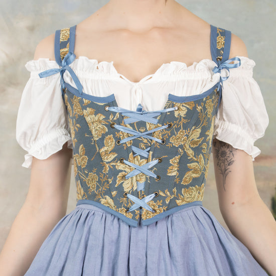 Load image into Gallery viewer, Blue and Gold Floral Renaissance Bodice
