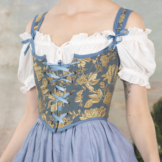 Load image into Gallery viewer, Blue and Gold Floral Renaissance Bodice
