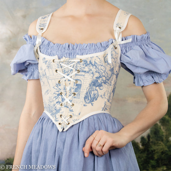 Load image into Gallery viewer, Ivory and Blue Toile Renaissance Bodice

