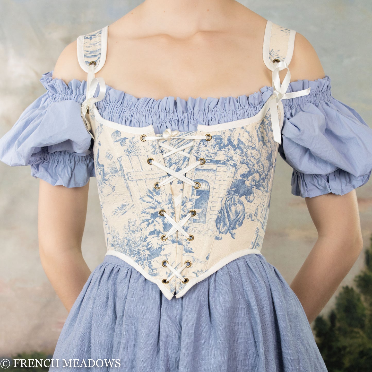 Load image into Gallery viewer, Ivory and Blue Toile Renaissance Bodice

