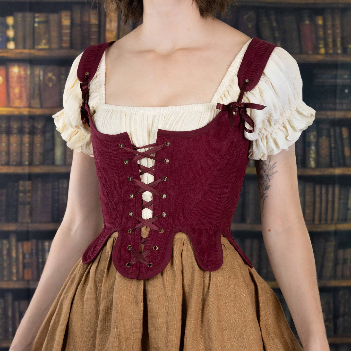 burgundy red maroon renaissance corset 18th century stays in cotton corduroy fabric, custom fit, plus size available