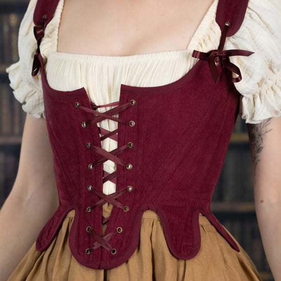 burgundy red maroon renaissance corset 18th century stays in cotton corduroy fabric, custom fit, plus size available