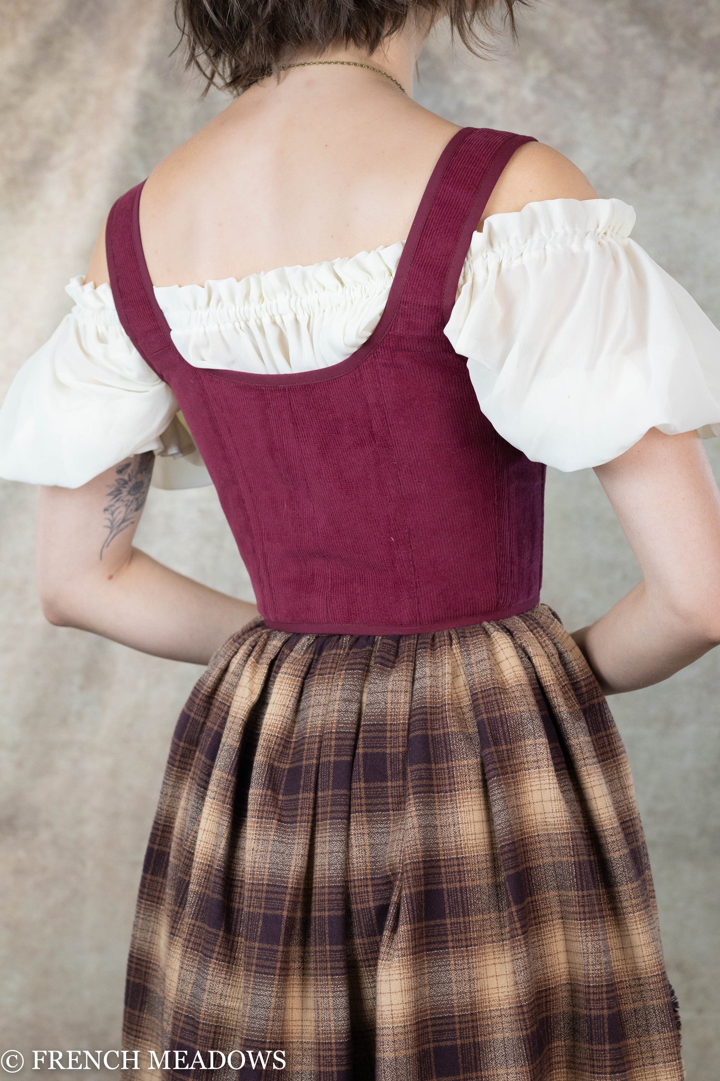 Load image into Gallery viewer, burgundy red maroon renaissance corset in cotton corduroy fabric, custom fit, plus size available
