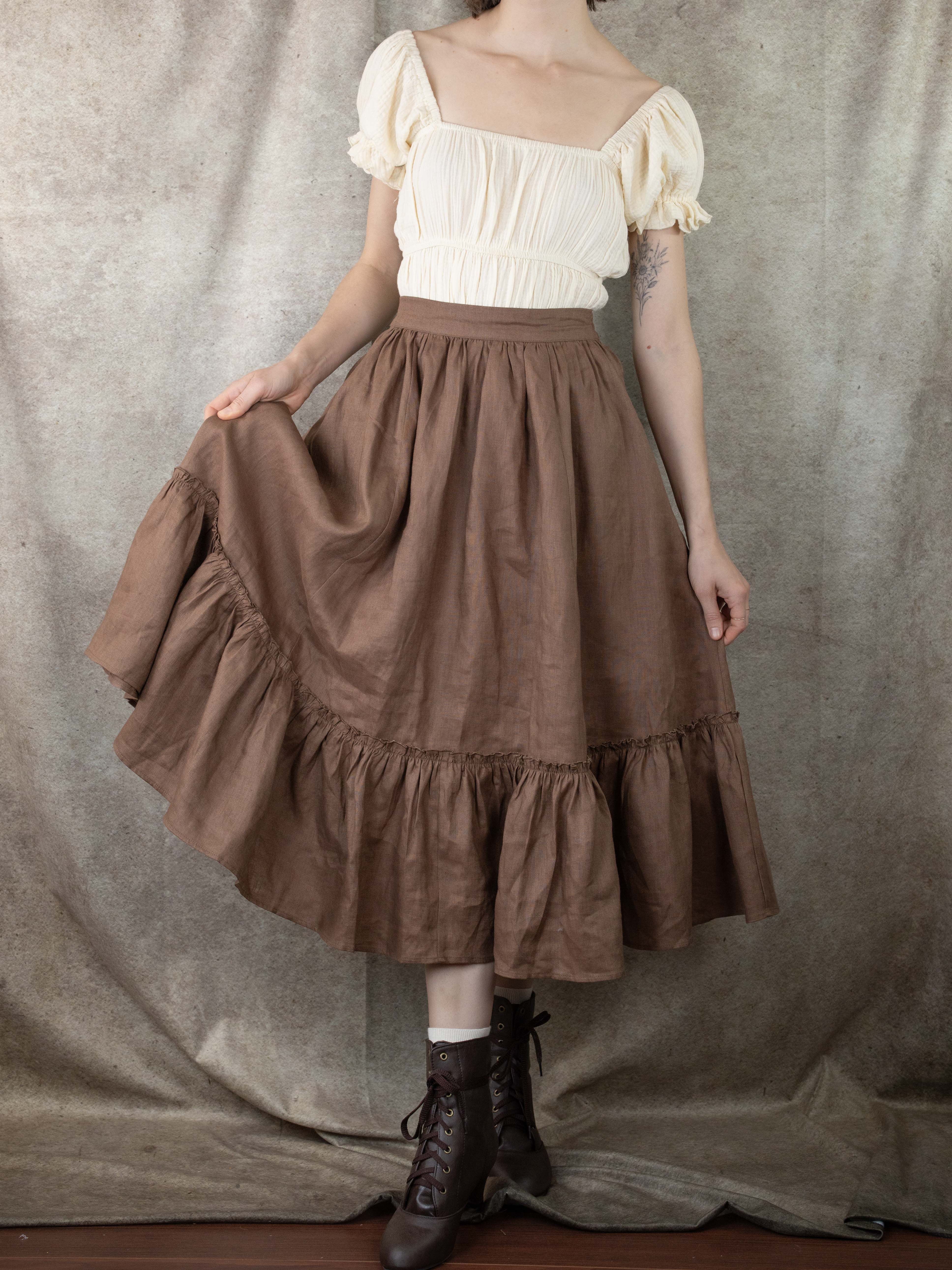 Brown Linen Ruffle Skirt Midi Renaissance Skirt French Meadows