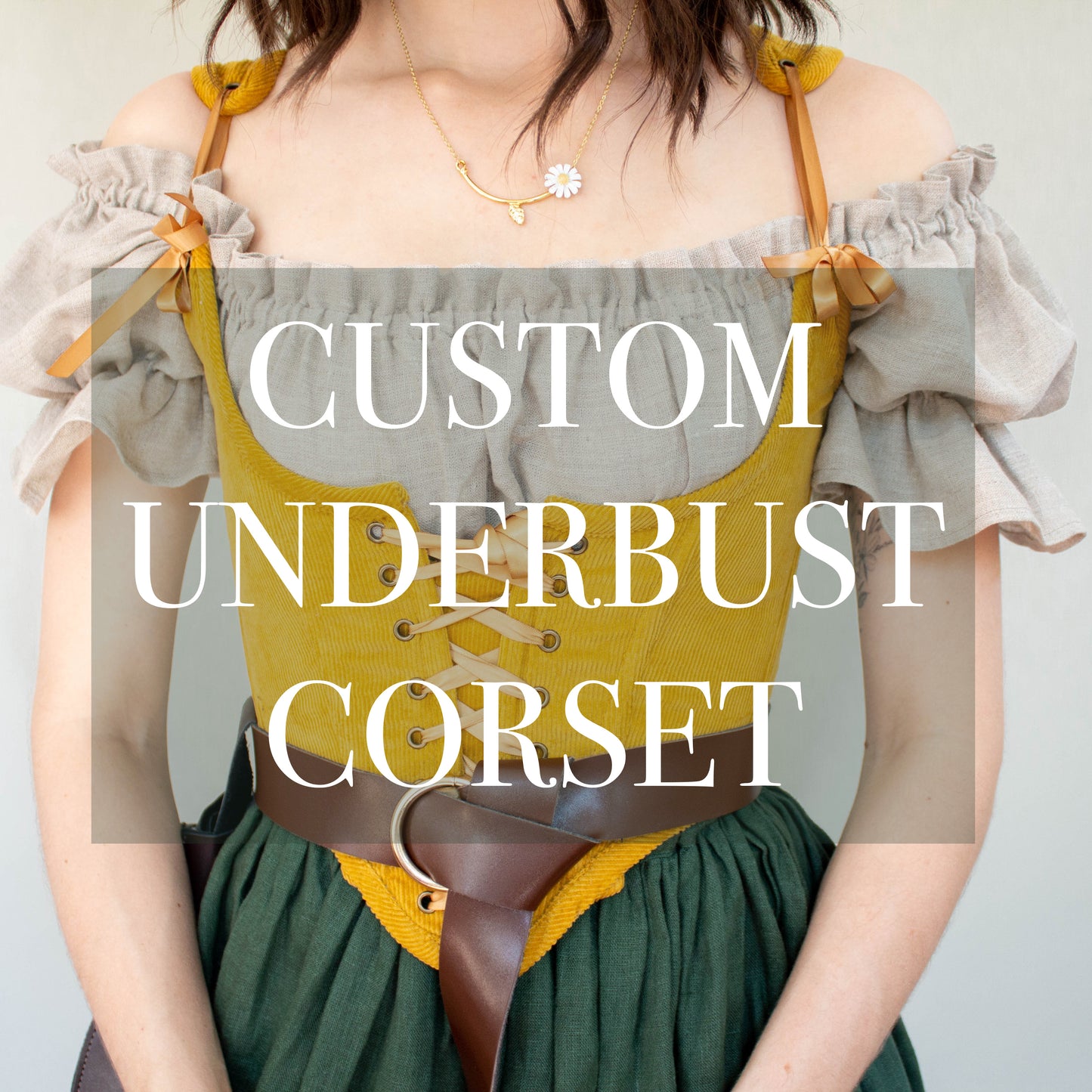 woman wearing a yellow underbust corset with straps with text saying "custom underbust corset" over the image