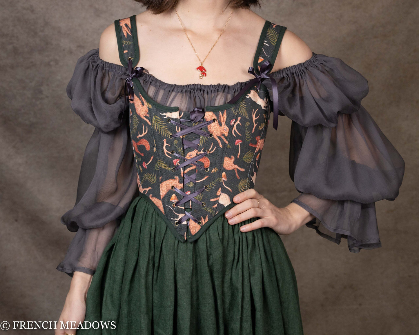 Renaissance Corset Dress Grey Jacobean Floral Corset Dress With