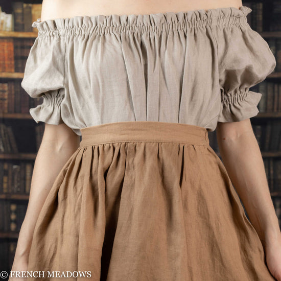 Load image into Gallery viewer, detail view of waistband on brown linen skirt
