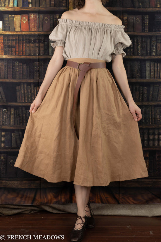 Load image into Gallery viewer, brown linen skirt paired with a leather O ring belt and a linen chemise dress
