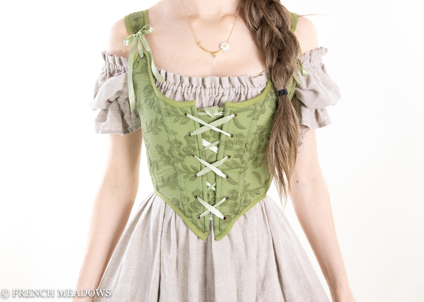 Moss Green Embroidered Floral Renaissance Bodice