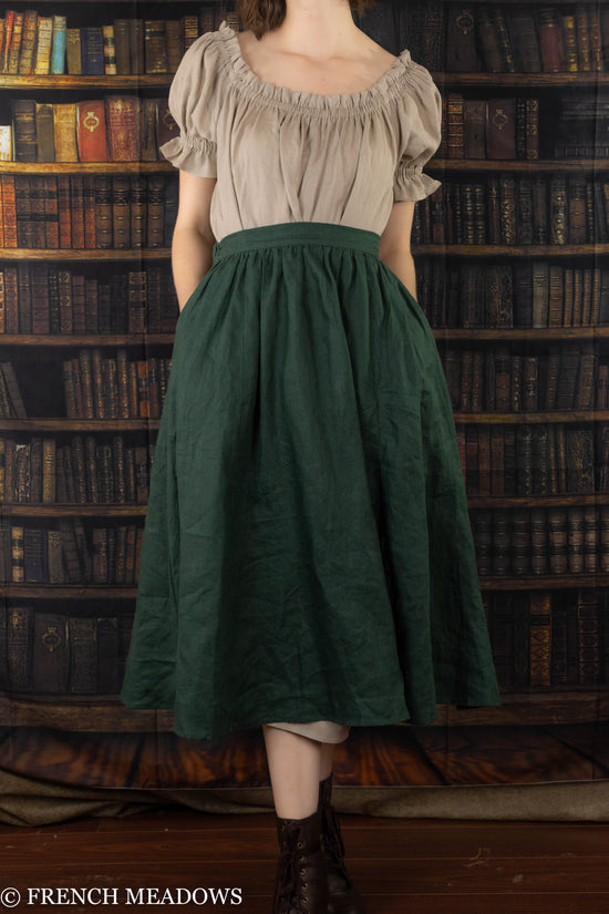 Evergreen Green Linen Midi Skirt