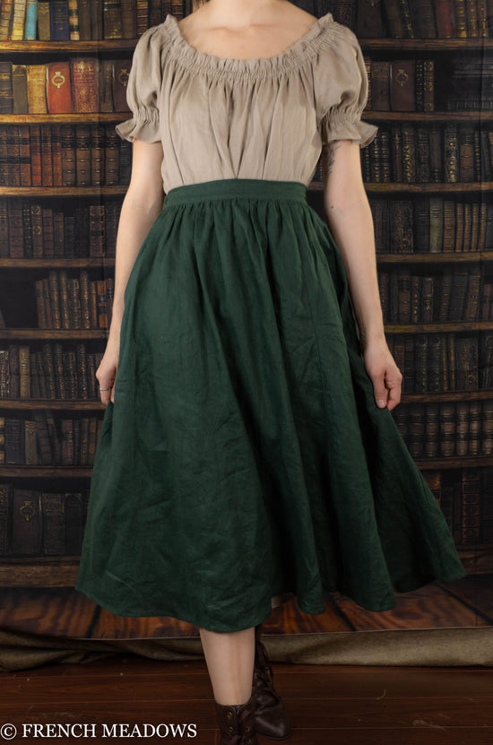 Evergreen Green Linen Midi Skirt
