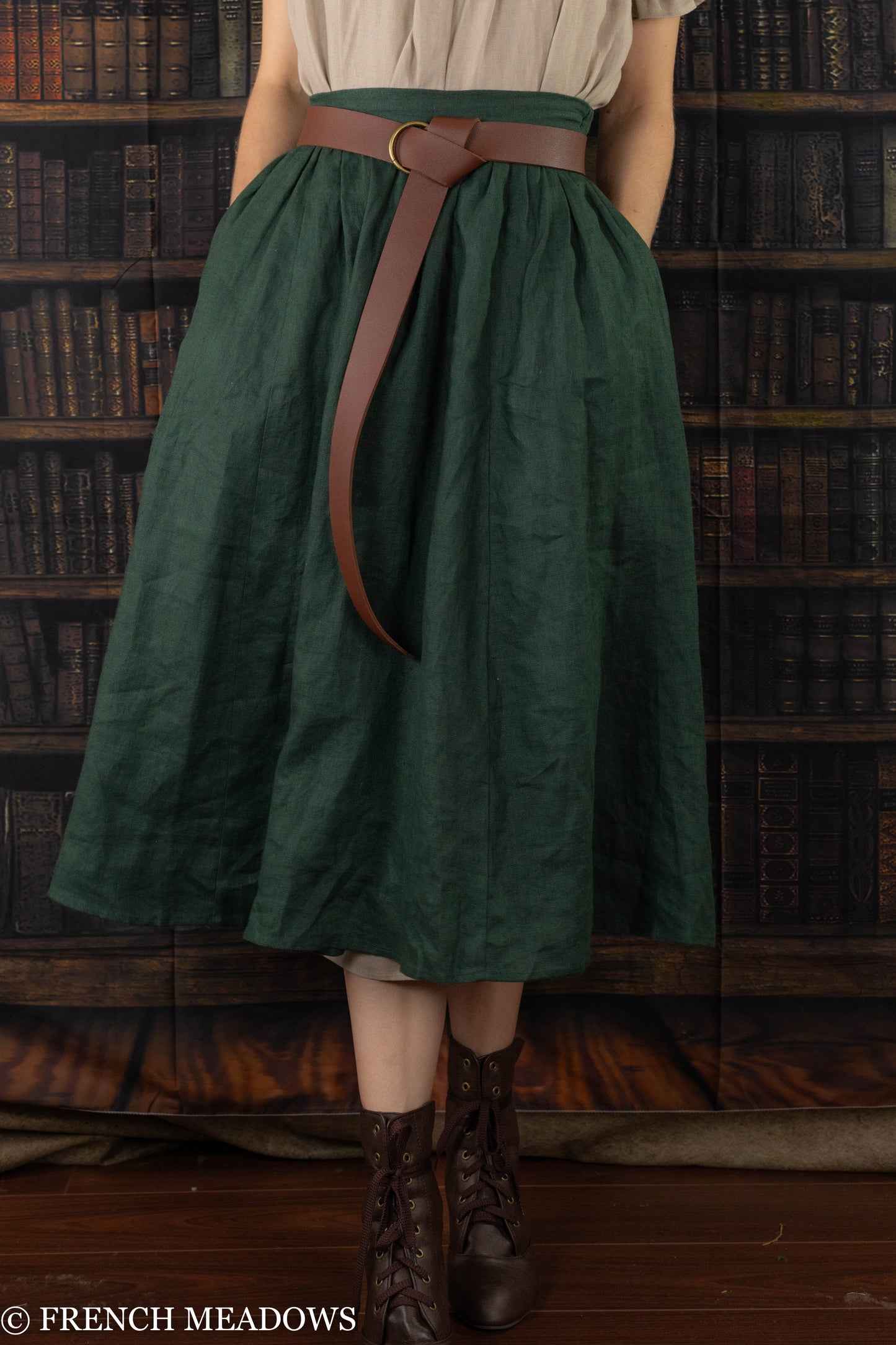 Evergreen Green Linen Midi Skirt