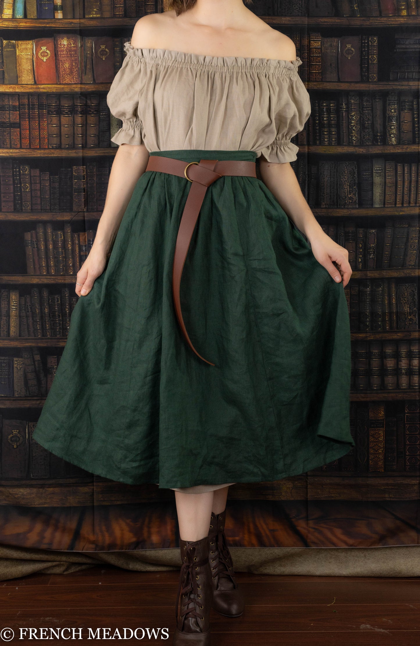 Evergreen Green Linen Midi Skirt