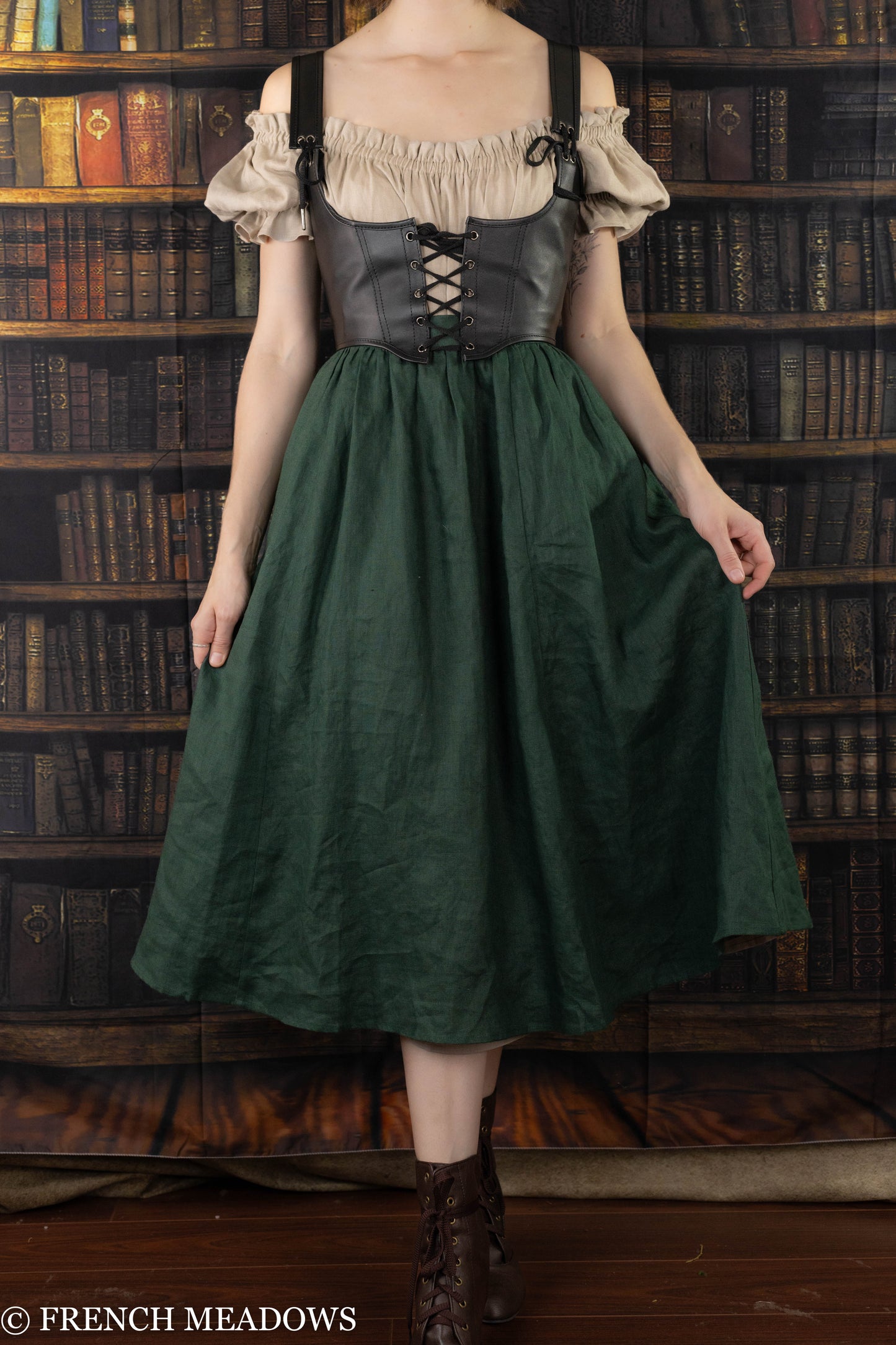 Evergreen Green Linen Midi Skirt