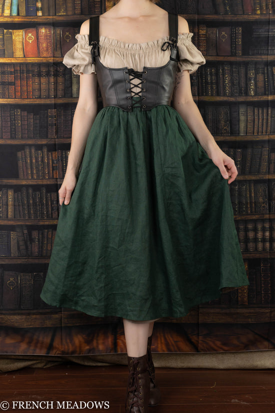 Evergreen Green Linen Midi Skirt