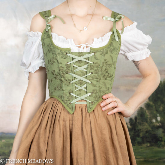 Load image into Gallery viewer, Moss Green Embroidered Floral Renaissance Bodice

