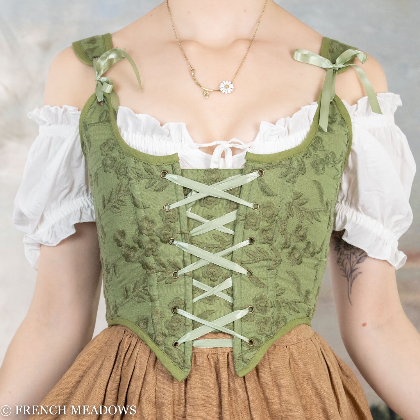 Load image into Gallery viewer, Moss Green Embroidered Floral Renaissance Bodice
