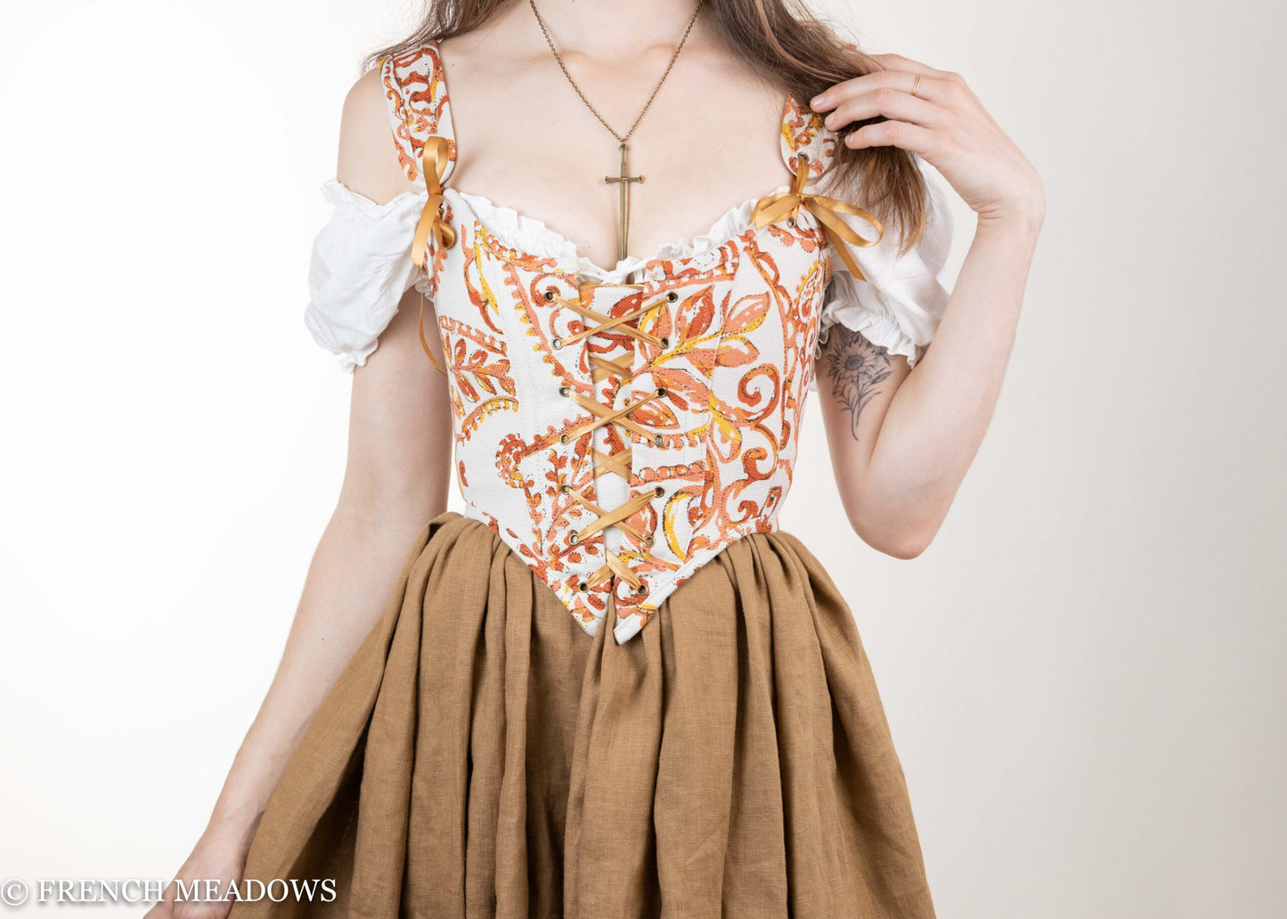 Load image into Gallery viewer, READY TO SHIP Falling Leaves Orange and Gold Paisley Renaissance Corset
