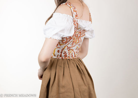 Load image into Gallery viewer, READY TO SHIP Falling Leaves Orange and Gold Paisley Renaissance Corset
