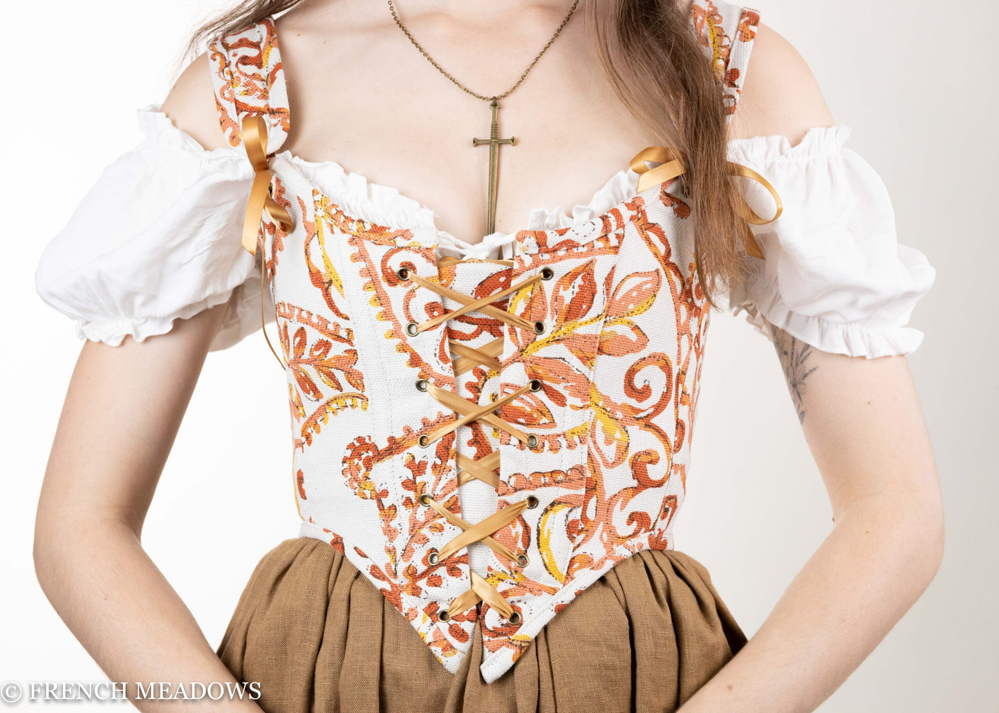 READY TO SHIP Falling Leaves Orange and Gold Paisley Renaissance Corset