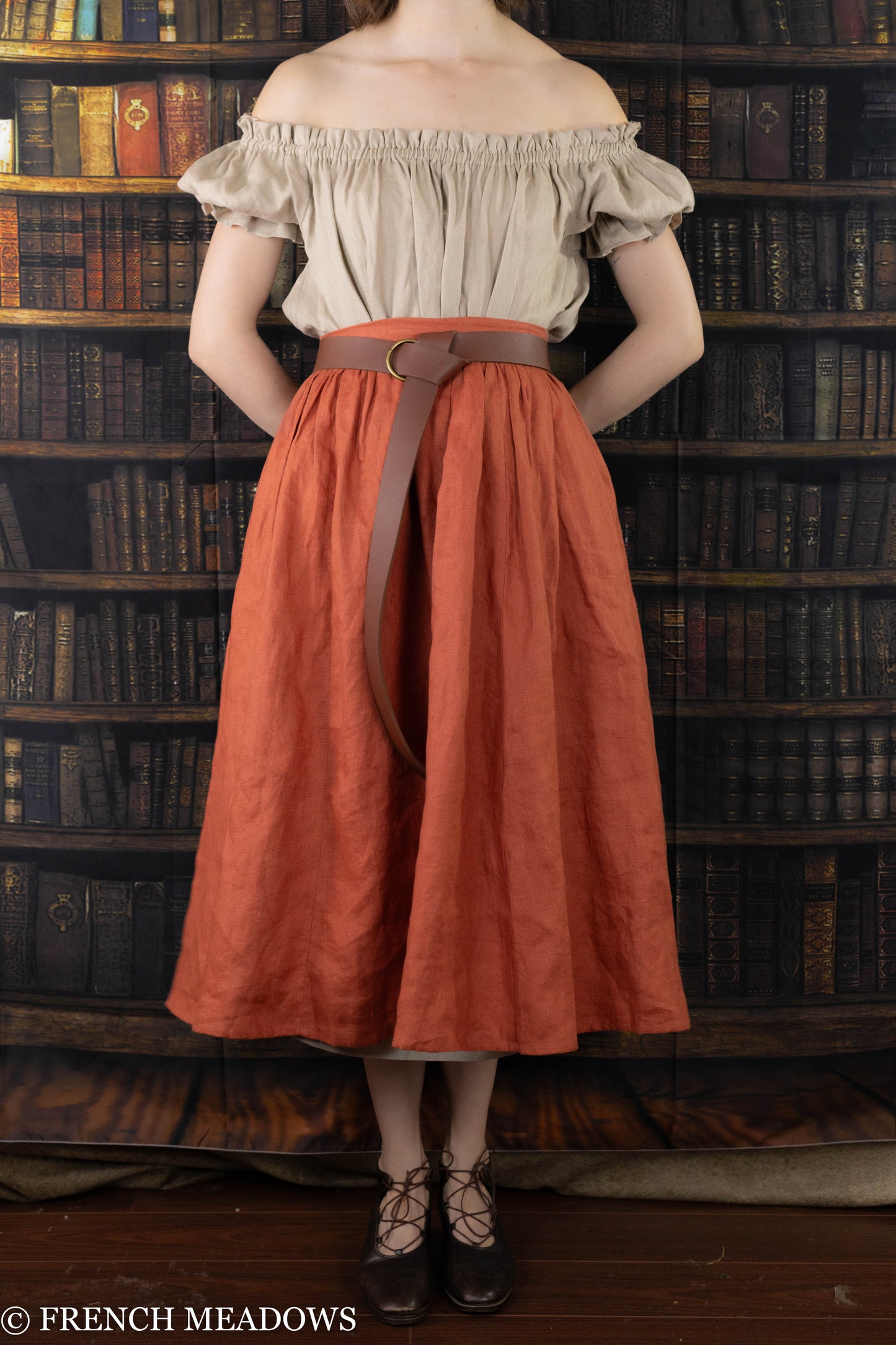 Persimmon Orange Linen Midi Skirt