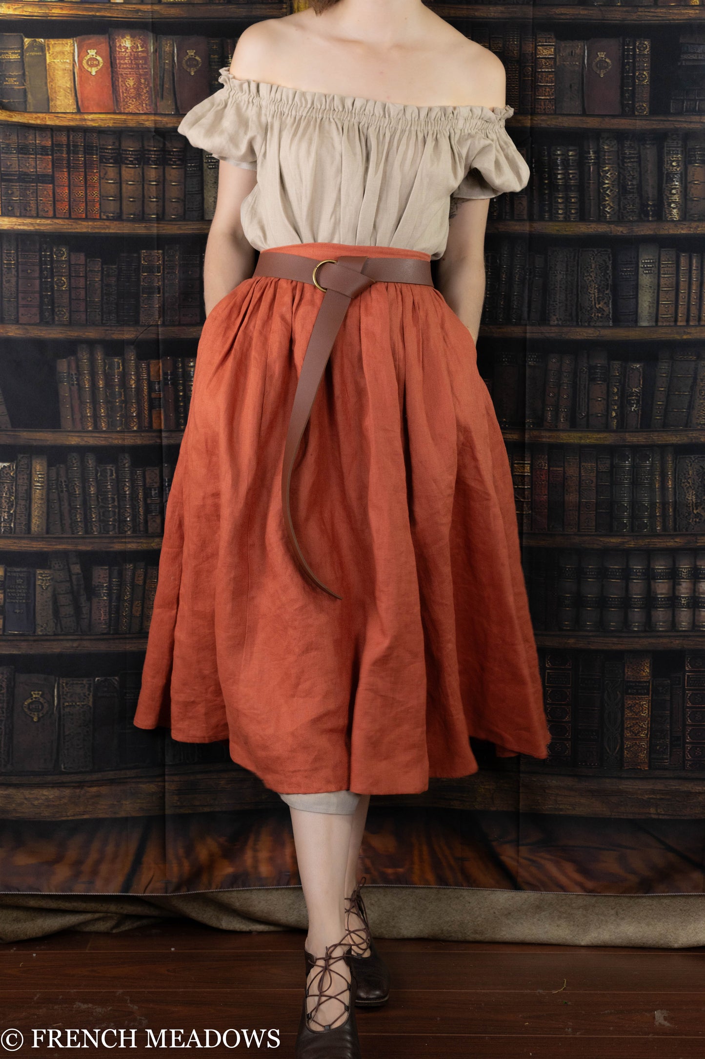 Persimmon Orange Linen Midi Skirt