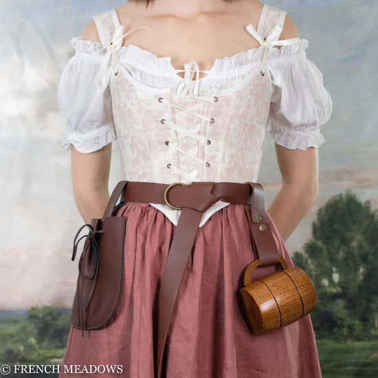 Load image into Gallery viewer, model wearing a women&amp;#39;s renaissance faire costume with belt and accessories
