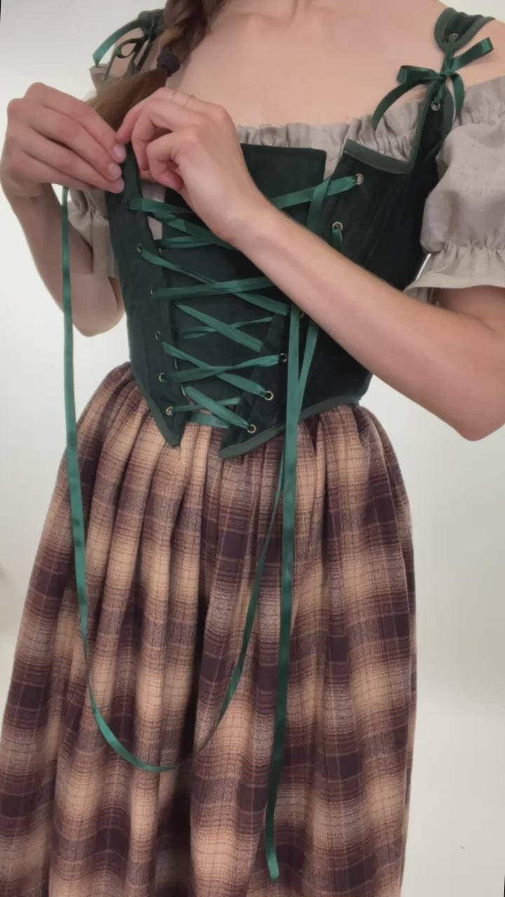 Load and play video in Gallery viewer, READY TO SHIP Dark Green Velvet Renaissance Bodice
