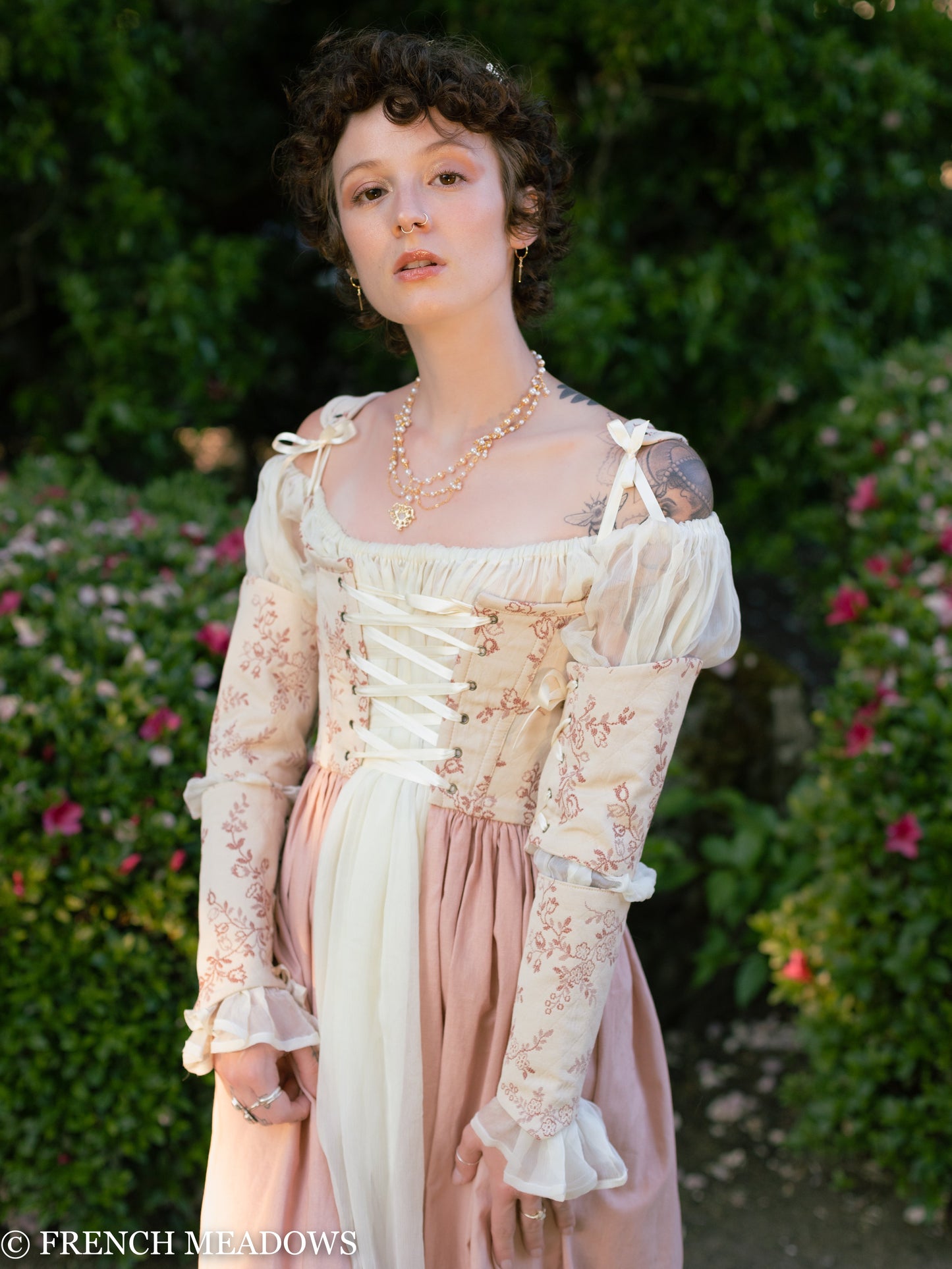 Load image into Gallery viewer, READY TO SHIP Rosey Ivory and Blush Renaissance Corset Dress
