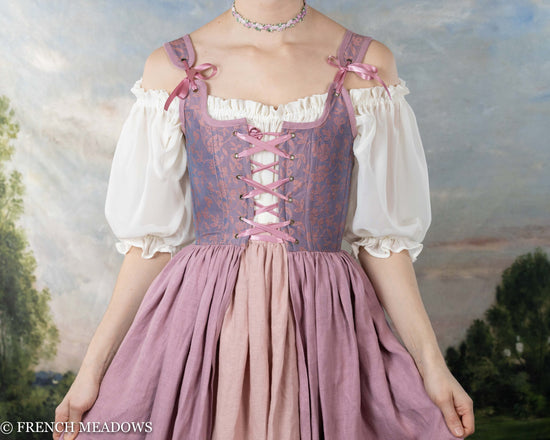 Load image into Gallery viewer, Purple Floral Silk and Mauve Linen Renaissance Corset Dress
