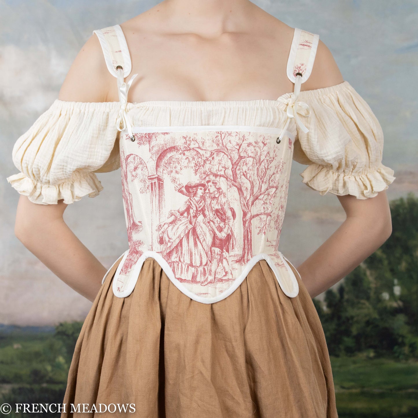 Red and Ivory Toile Tabbed Tudor Stays