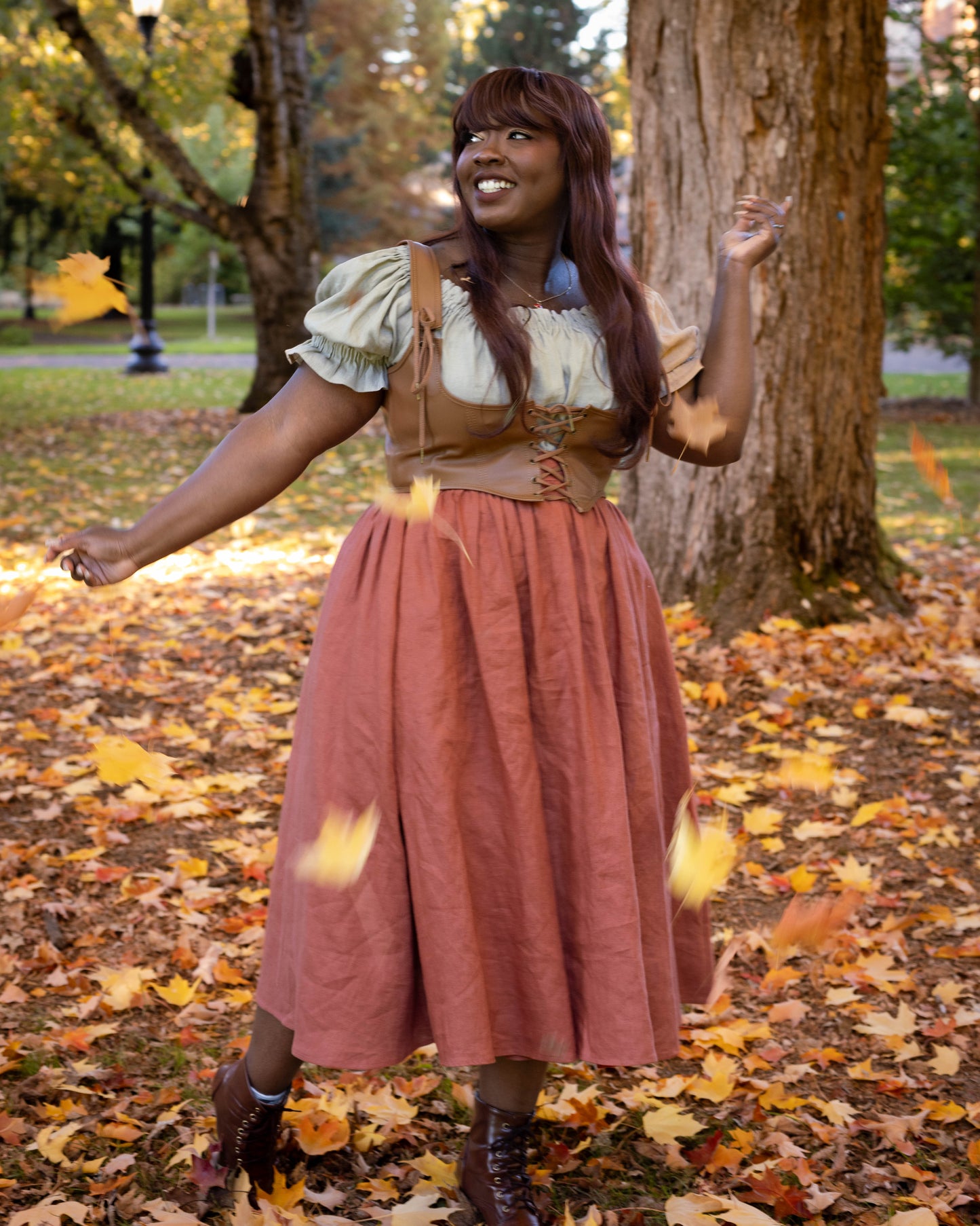 Persimmon Orange Linen Midi Skirt