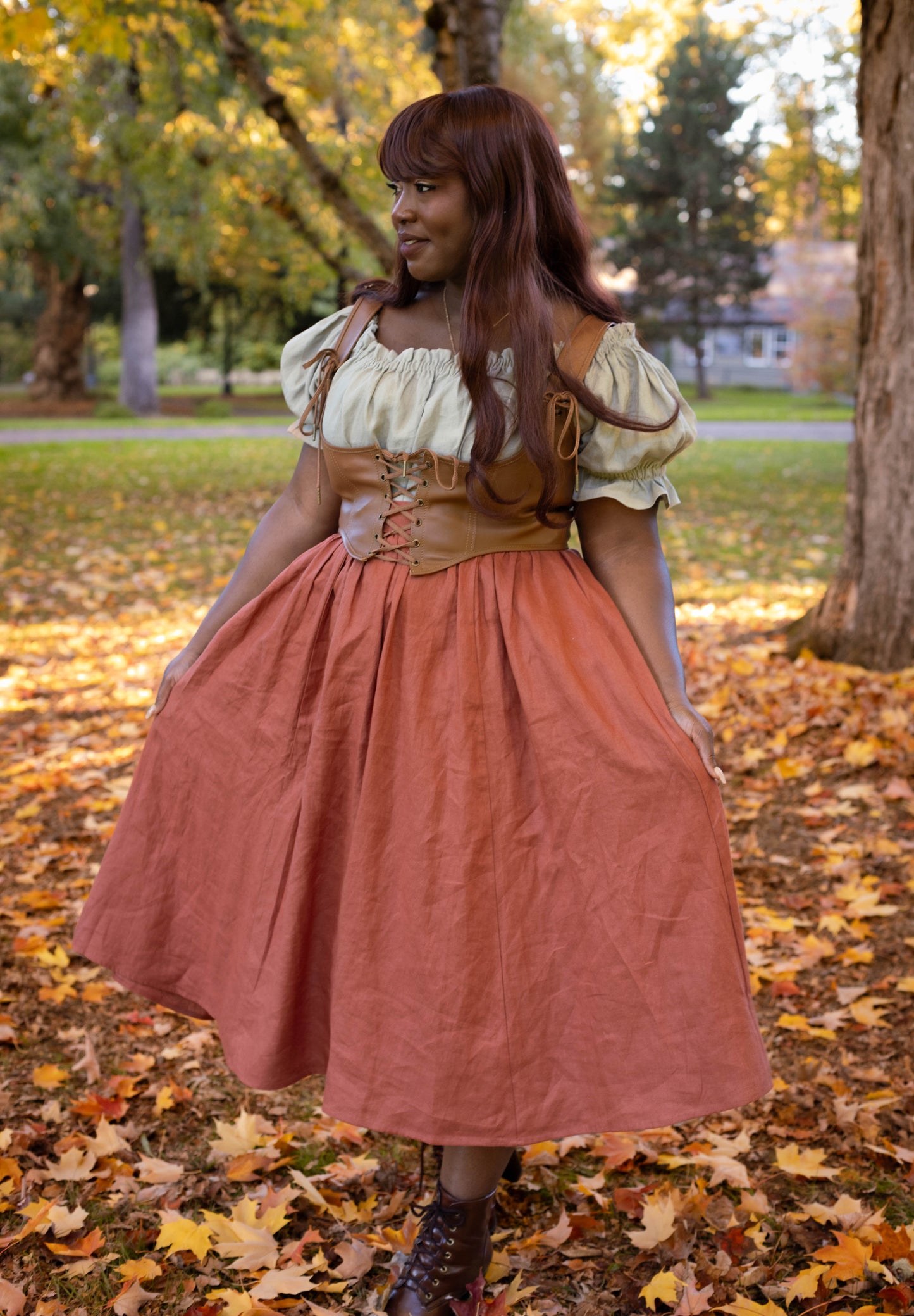 Persimmon Orange Linen Midi Skirt