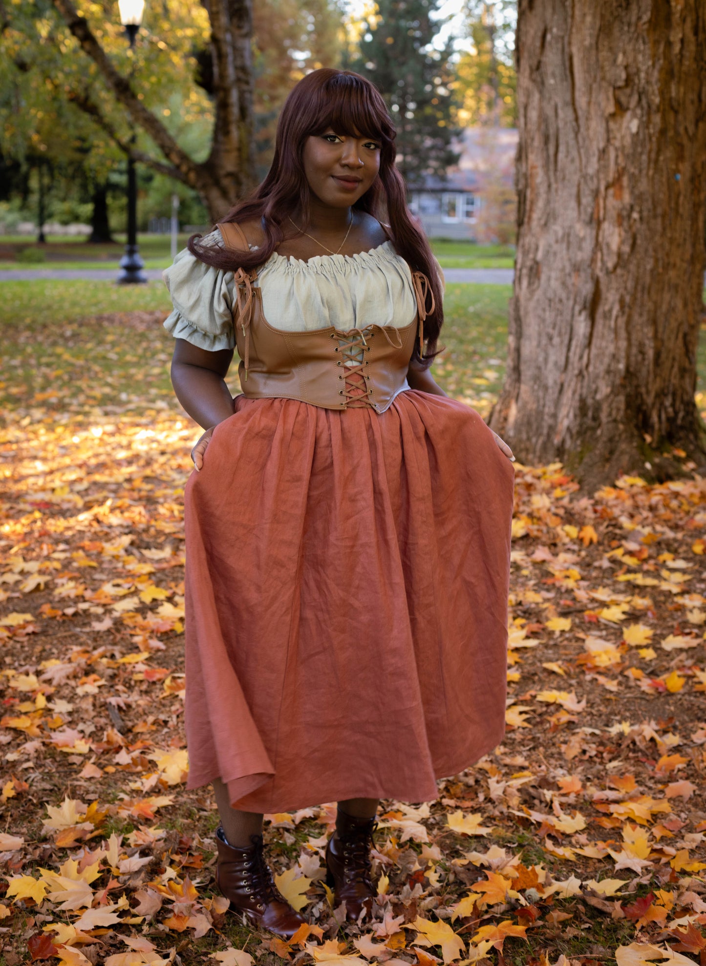 Persimmon Orange Linen Midi Skirt