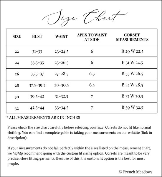 front lacing corset size chart