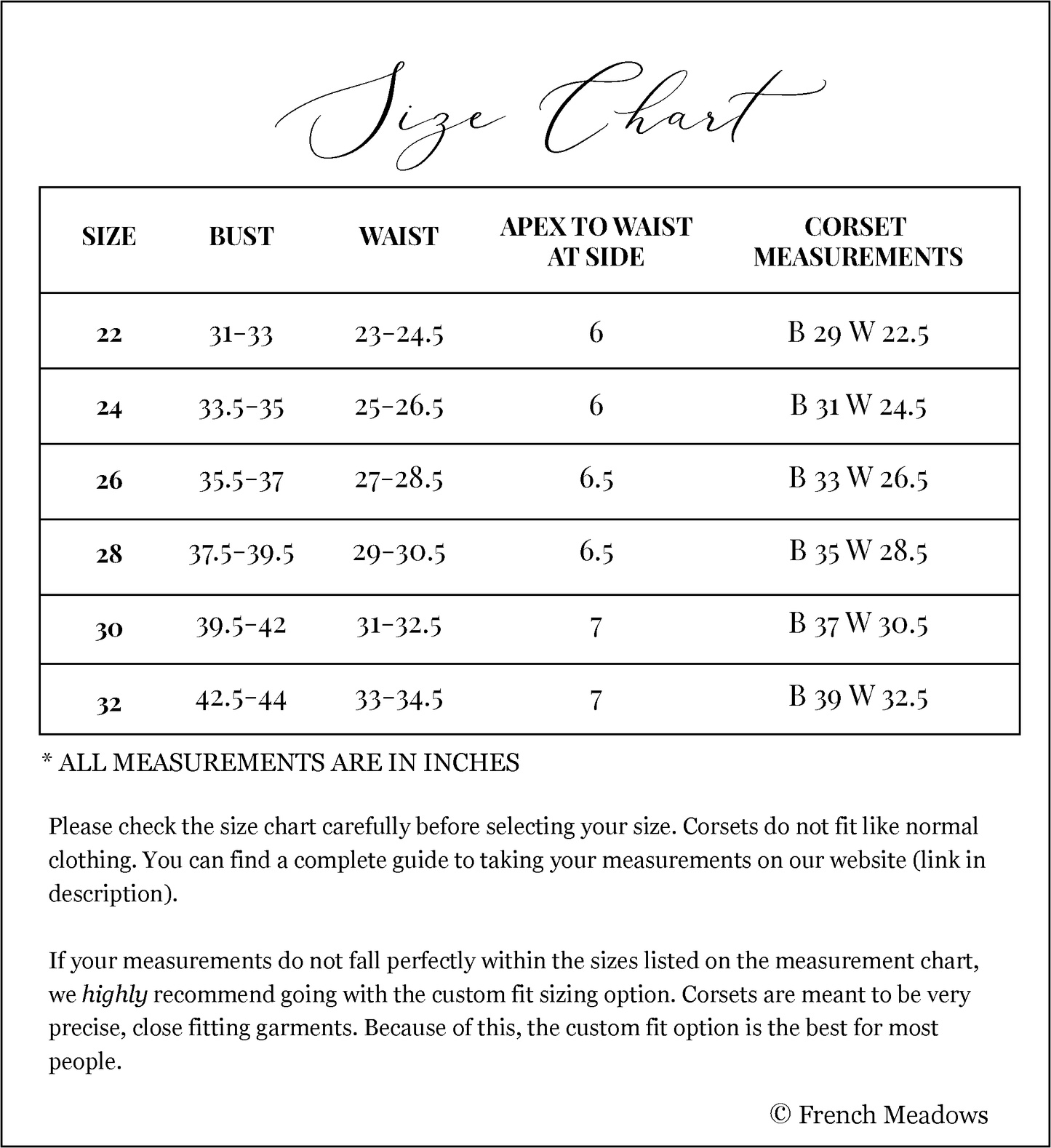 a size chart for a front lacing corset top