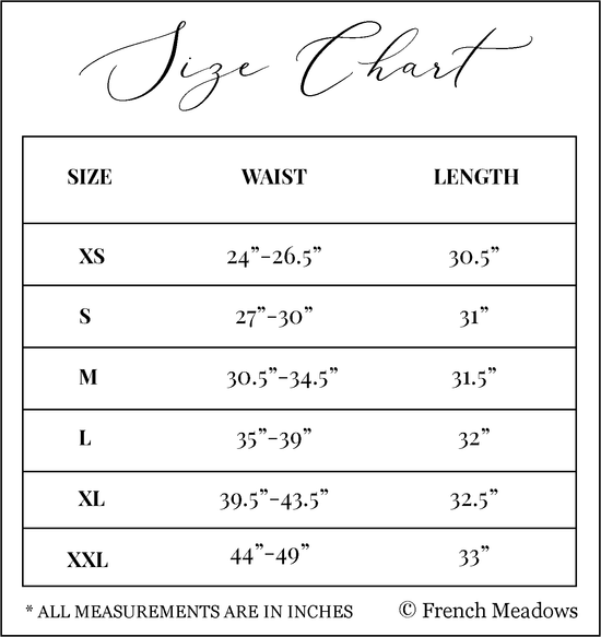 size chart for linen skirt sizes XS - 2X