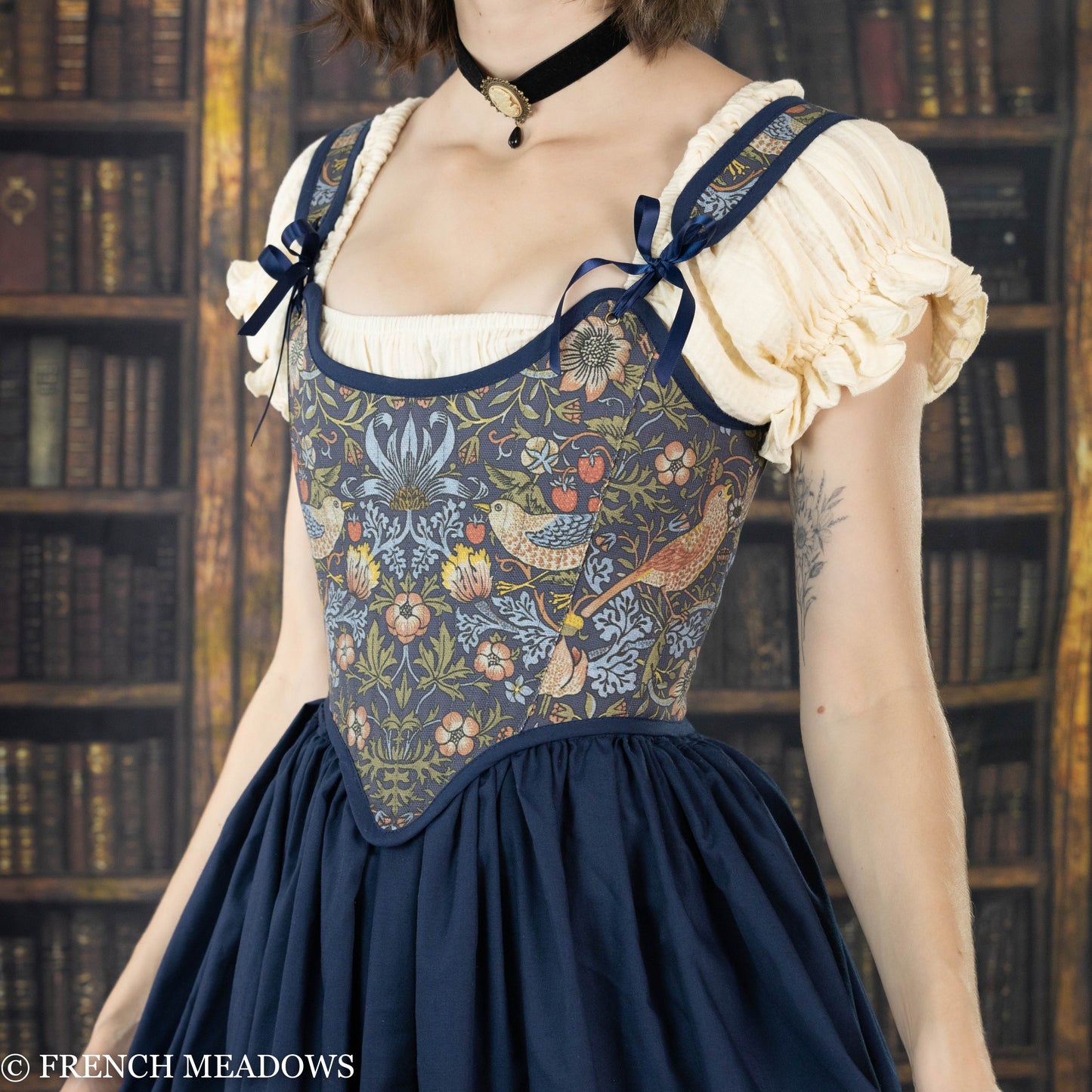 Load image into Gallery viewer, william morris strawberry thief corset tapestry corset elizabethan stays renaissance faire costume
